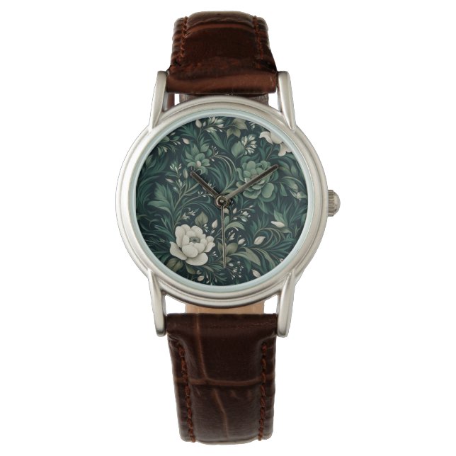 Dark Emerald Green Floral Armbanduhr (Vorderseite)