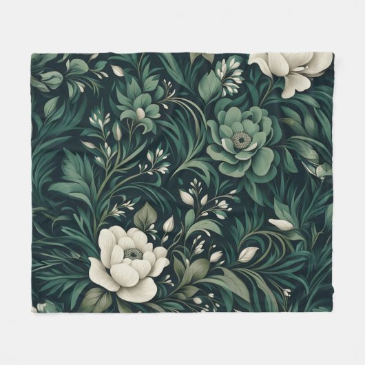 Dark Emerald Green Floral Fleecedecke (Vorderseite (Horizontal))