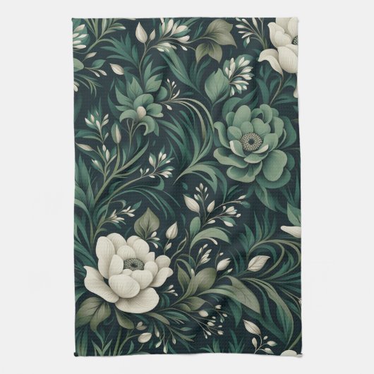 Dark Emerald Green Floral Geschirrtuch (Vertikal)