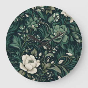 Dark Emerald Green Floral Große Wanduhr