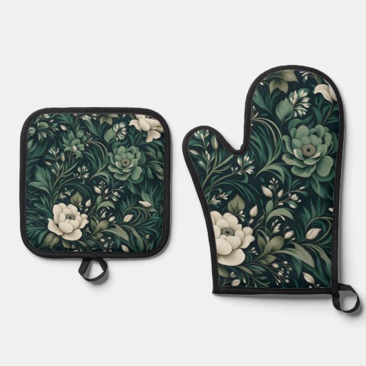 Dark Emerald Green Floral Ofenhandschuh & Topflappen-Set (Vorderseite)