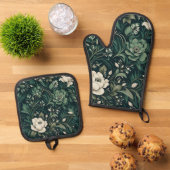 Dark Emerald Green Floral Ofenhandschuh & Topflappen-Set (Oben Unten)
