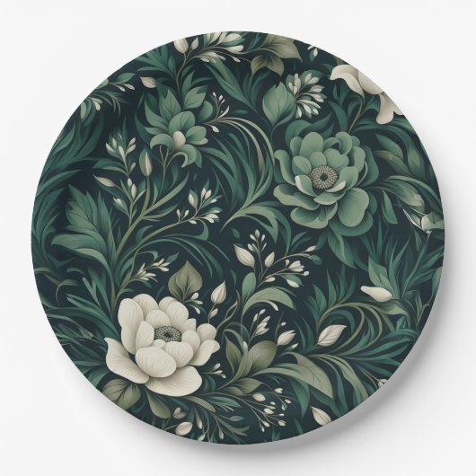 Dark Emerald Green Floral Pappteller (Vorderseite)