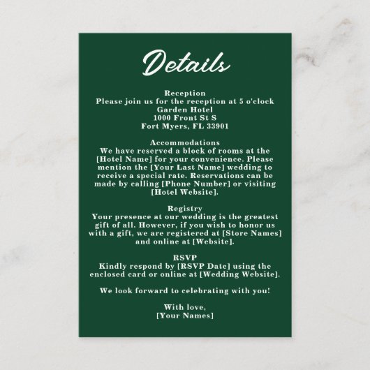 Dark Emerald Green Moody Jewel Wedding Details Begleitkarte (Vorderseite)