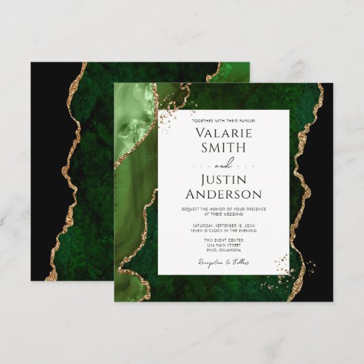 Dark Emerald Green und Gold Agate Stone Wedding Einladung (Vorne/Hinten)