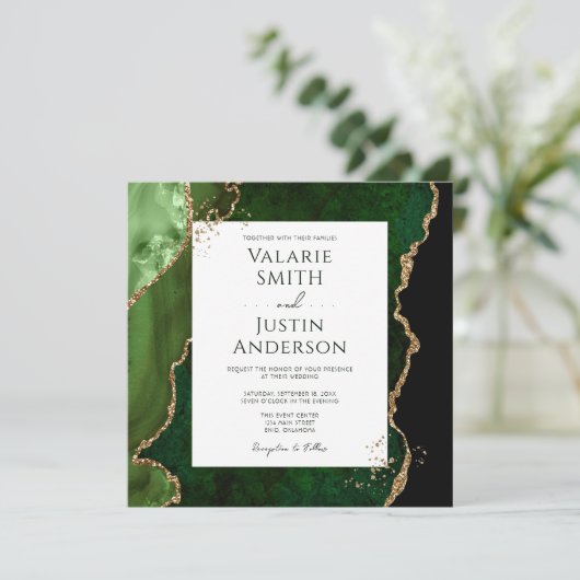 Dark Emerald Green und Gold Agate Stone Wedding Einladung (Stehend Vorderseite)