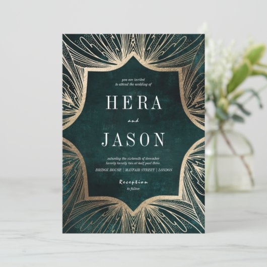 Dark Emerald Green und Imitate gold Art Nouveau Einladung