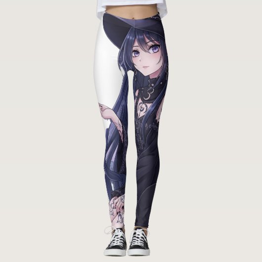 Dark Fantasy Anime Girl & Gothic Black Cat Art Leggings (Vorderseite)