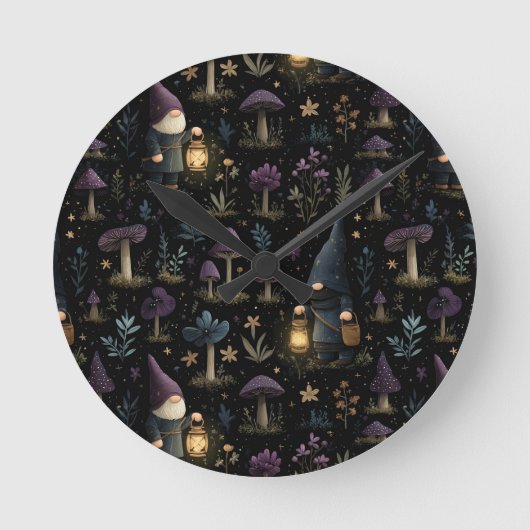 Dark Fantasy Gnome und Mushroom Pattern Runde Wanduhr (Vorderseite)