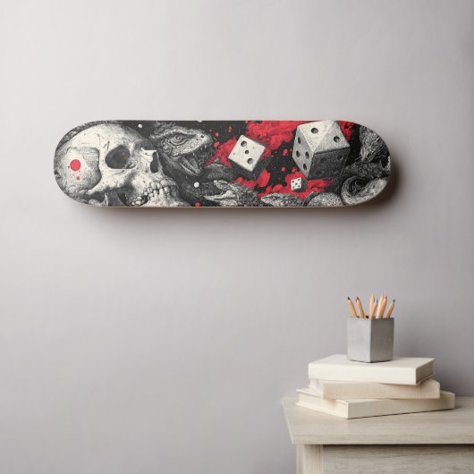 Dark-Fantasy-Schädel-und-Würfel-Illustration Skateboard (Wandkunst (Horz))