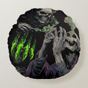 Dark-Fantasy-Skelett-Reaper und saures Grün Energi Rundes Kissen