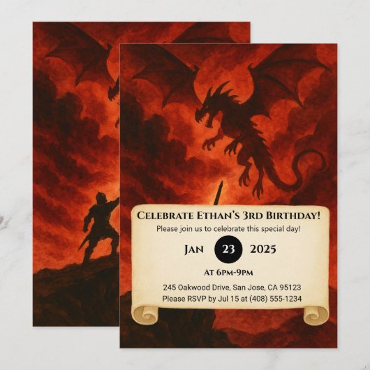 Dark Fire Dragon Birthday Einladung (Vorne/Hinten)