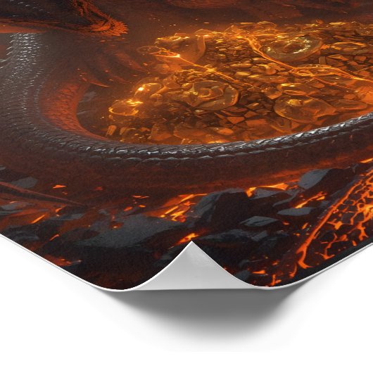 Dark Fire Dragon Guarding Treasure – Fantasy Art Poster (Ecke)