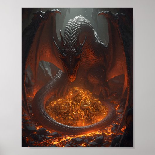 Dark Fire Dragon Guarding Treasure – Fantasy Art Poster (Vorne)