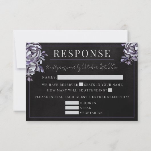 Dark Floral Black Gothic Lila Halloween Hochzeit RSVP Karte (Vorderseite)