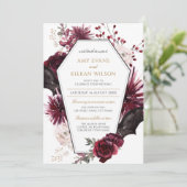 Dark Floral Burgundy & Black Halloween Hochzeit Einladung (Stehend Vorderseite)