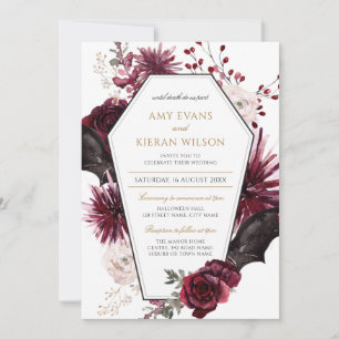 Dark Floral Burgundy & Black Halloween Hochzeit Einladung