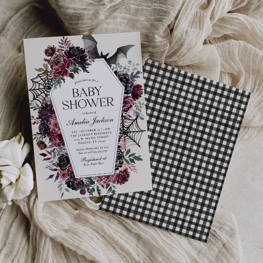 Dark Floral Coffin Halloween Babydusche Einladung