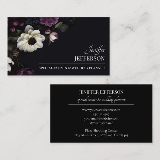 Dark Floral event wedding planner Visitenkarte (Vorne/Hinten)