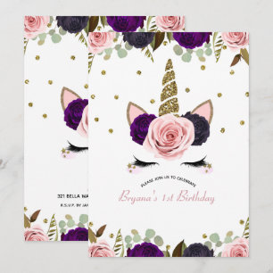 Dark Floral Glam Gold Glitzer Unicorn Geburtstag Einladung