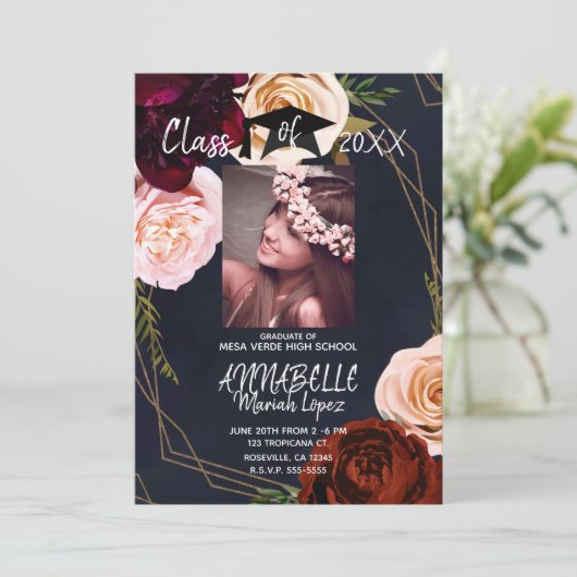 Dark Floral Gold Navy Blue Graduation Party Foto Einladung (Stehend Vorderseite)