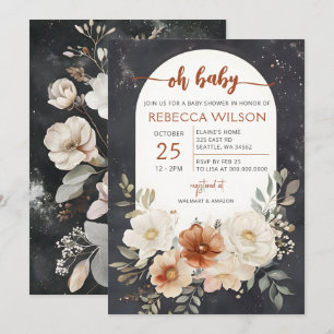 Dark Floral Greenery Botanical Boho Baby Shower Einladung
