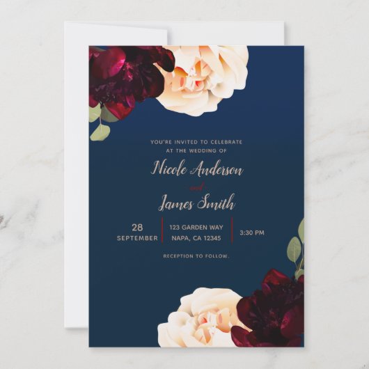 Dark Floral Marsala Cream & Navy Blue Wedding Einladung (Vorderseite)