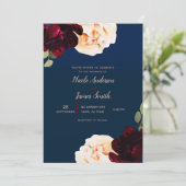 Dark Floral Marsala Cream & Navy Blue Wedding Einladung (Stehend Vorderseite)