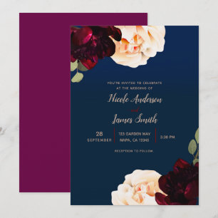 Dark Floral Marsala Cream & Navy Blue Wedding Einladung