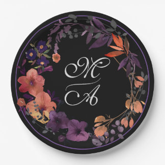 Dark Floral Monogram Goth Wedding Paper Plate Pappteller