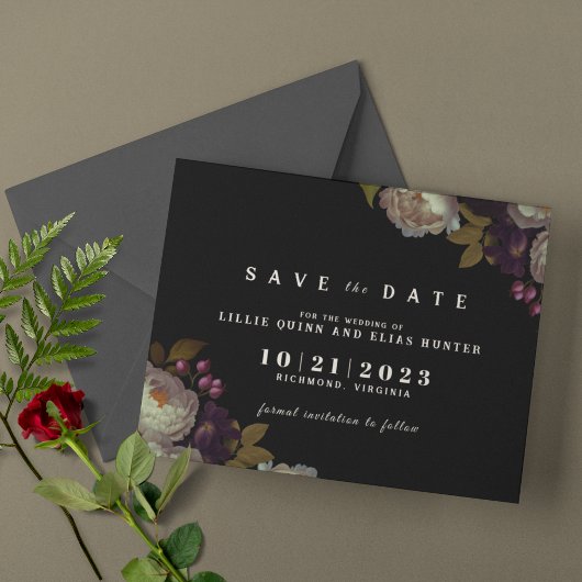 Dark Floral | Moody Classic Black and White Save The Date