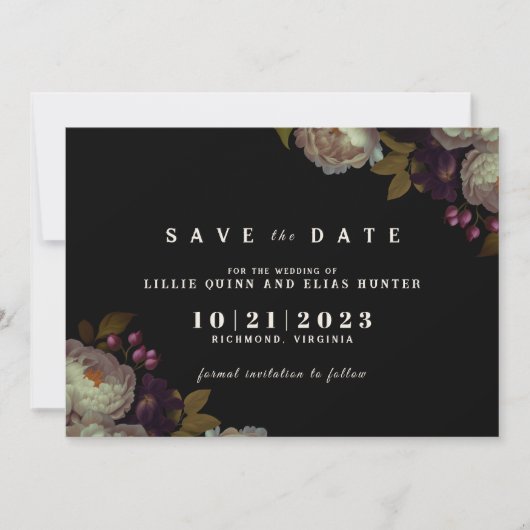 Dark Floral | Moody Classic Black and White Save The Date (Vorderseite)