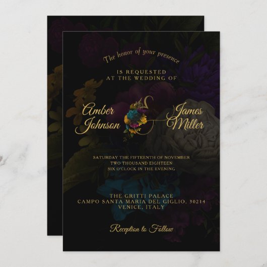 Dark Floral Moody Monogram Wedding Einladung (Vorne/Hinten)