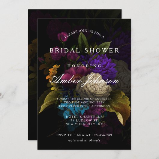 Dark Floral Moody Wedding Bridal Dusche Einladung (Vorne/Hinten)