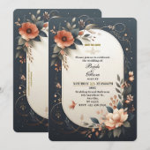 Dark Floral Navy und Peach Wedding Einladung (Vorne/Hinten)