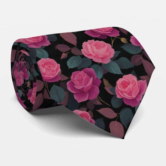 Dark Floral Pink Rose Pattern Krawatte (Gerollt)