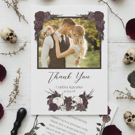 Dark Floral Skull Photo Wedding Thank You Card Dankeskarte