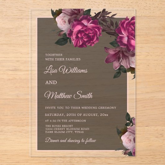 Dark Floral Transparent Wedding Acryleinladungen (Vorderseite)