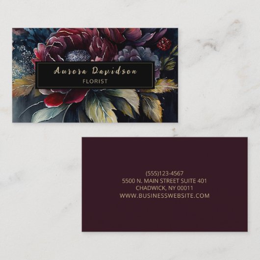 Dark Floral Watercolor Burgundy Black Visitenkarte (Vorne/Hinten)