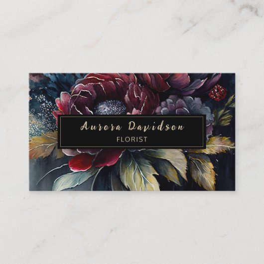 Dark Floral Watercolor Burgundy Black Visitenkarte (Vorderseite)