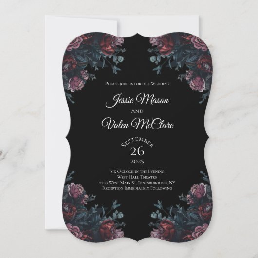 Dark Floral Wedding Gothic Black Elegant Einladung (Vorderseite)