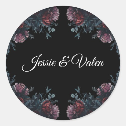 Dark Floral Wedding Gothic Black Elegant Runder Aufkleber (Vorderseite)
