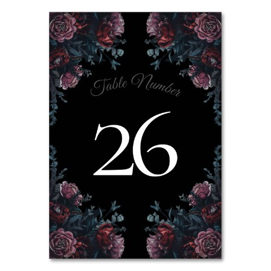 Dark Floral Wedding Gothic Black Elegant Tischnummer (Rückseite)