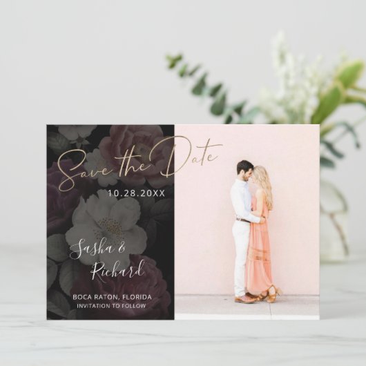 Dark Florals Save The Date (Stehend Vorderseite)