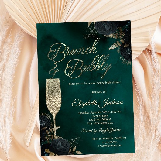 Dark Flowers Champagne Glass Green Einladung
