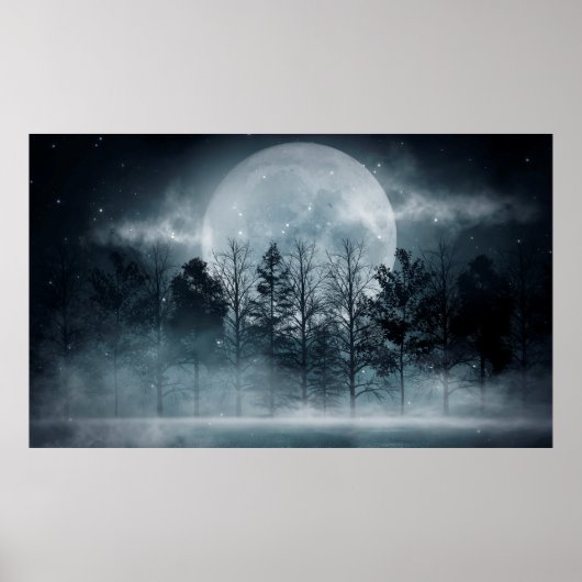 Dark Forest. Gloomy dark scene with trees, big moo Poster (Vorne)
