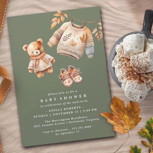 Dark Forest Green Cute Neutral Autumn Baby Shower Einladung