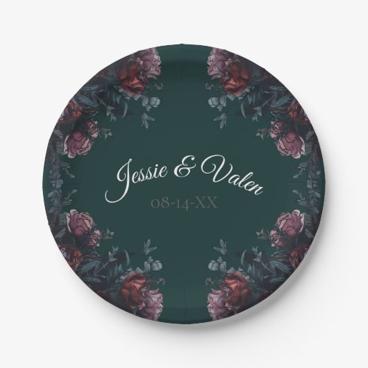 Dark Forest Green Elegant Wedding Maroon Mauve Pappteller (Vorderseite)