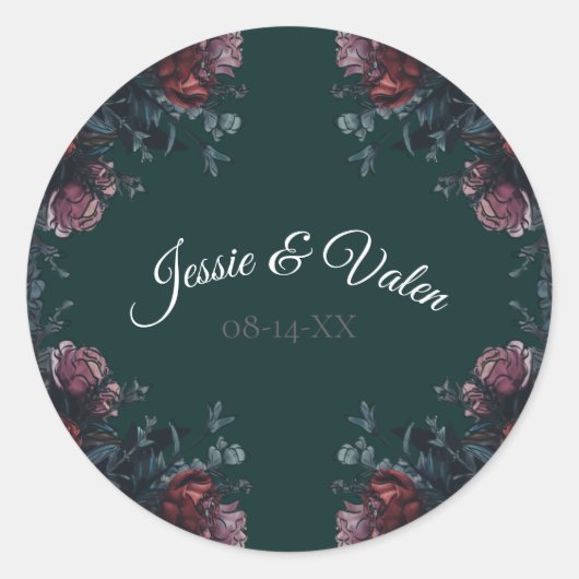 Dark Forest Green Elegant Wedding Maroon Mauve Runder Aufkleber (Vorderseite)