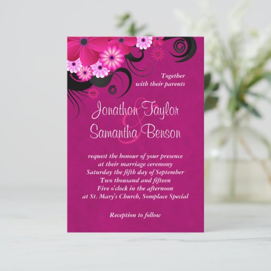 Dark Fuchsia Floral 3,5" x 5" Einladungen für Hoch (Stehend Vorderseite)